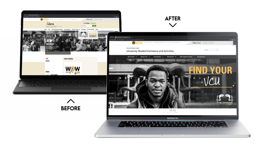 Two computer screens featuring the before and after of The Commons website
