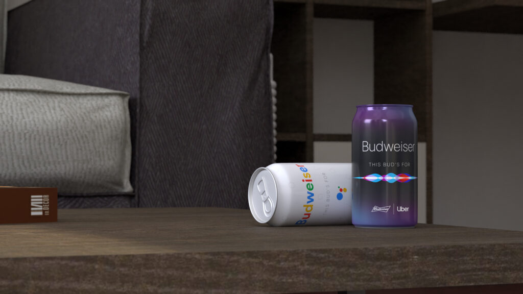 siri and google assistant-themed budweiser cans on a coffee table in a living room
